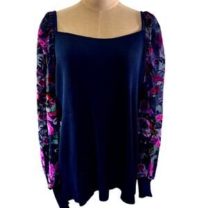 "CATO" Stunning Black Stretch Blouse,Velvet Burnout ,Sheer,Puff Sleeves,SZ 22/24